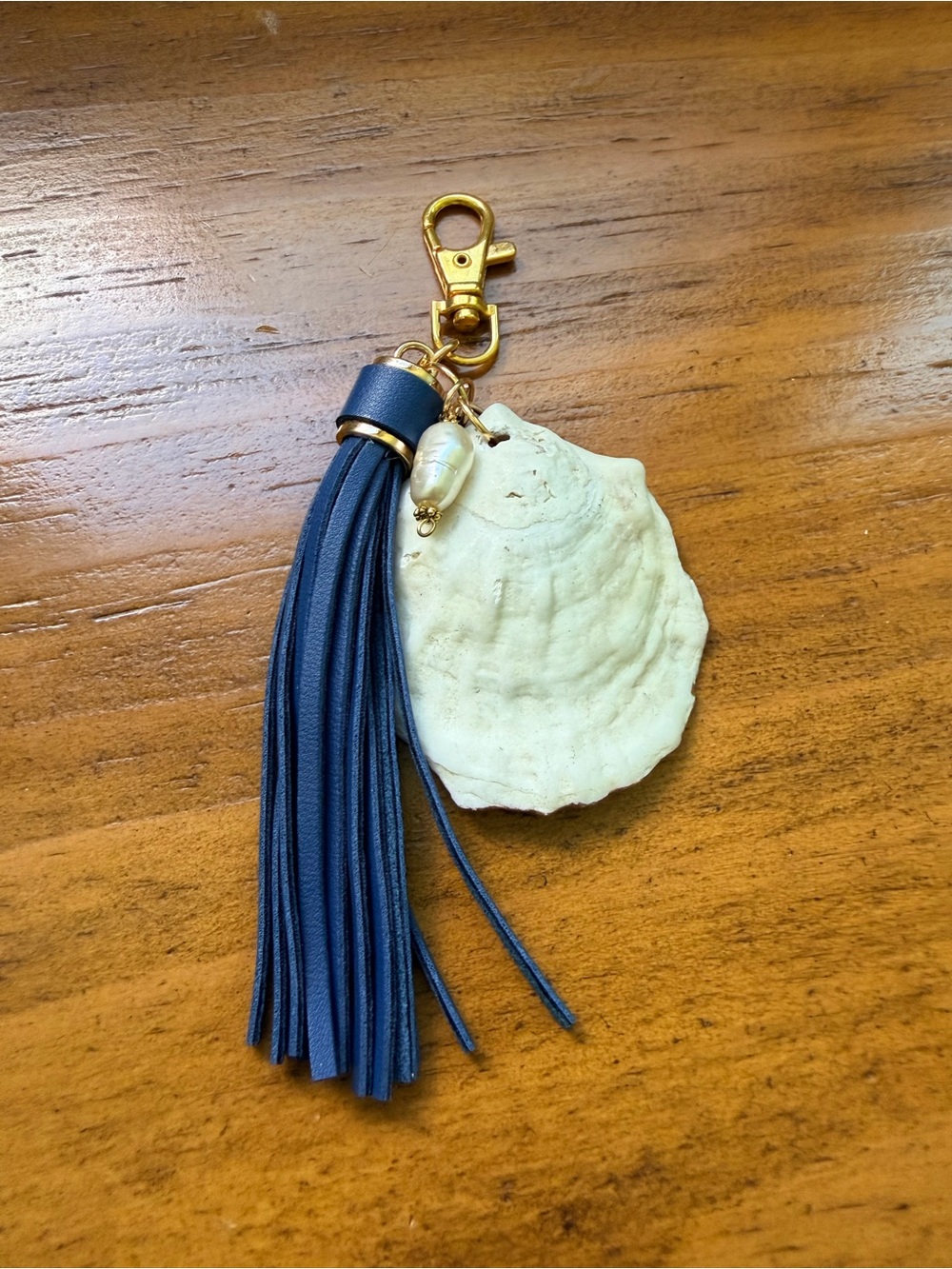 Navy Leather Tassel, Pearl and Oyster Shell Keychain or Bag Charm